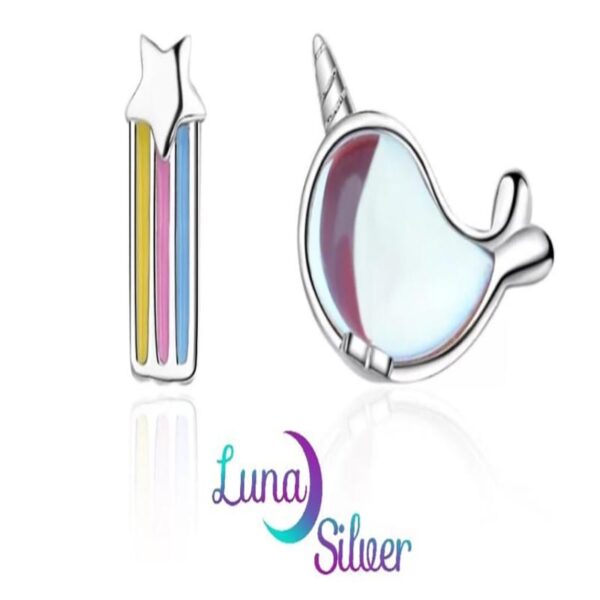 925 Sterling Silver Asymmetric Rainbow Unicorn Stud Earrings